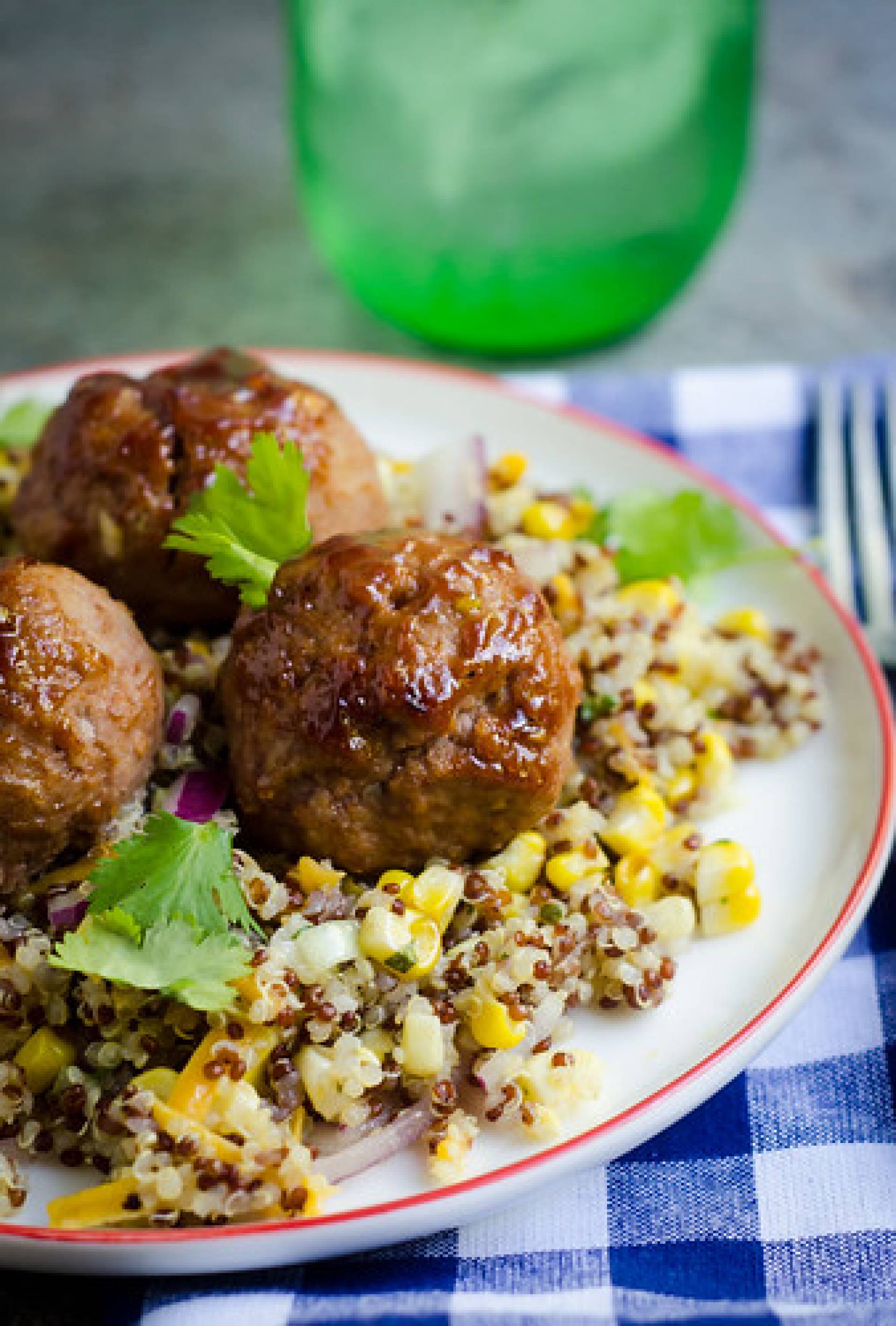 HEALTHY PORTION-BBQ Turkey Meatballs w/Southwest Organic Quinoa & Garlic Broccolini.