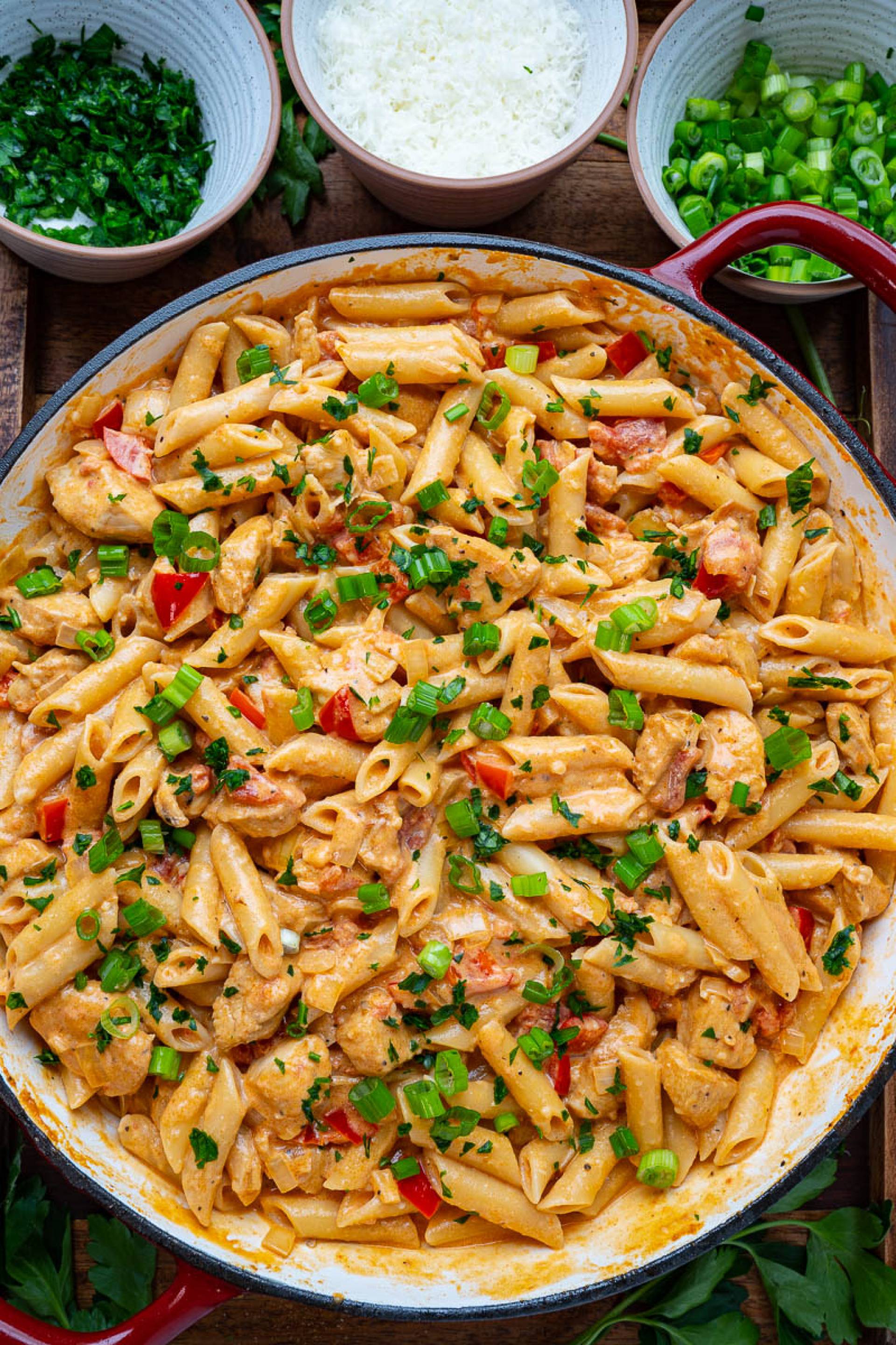 HEALTHY PORTION-Cajun Chicken Pasta...Whole Grain Penne Pasta & Sweet Pepper Brussels Sprouts.