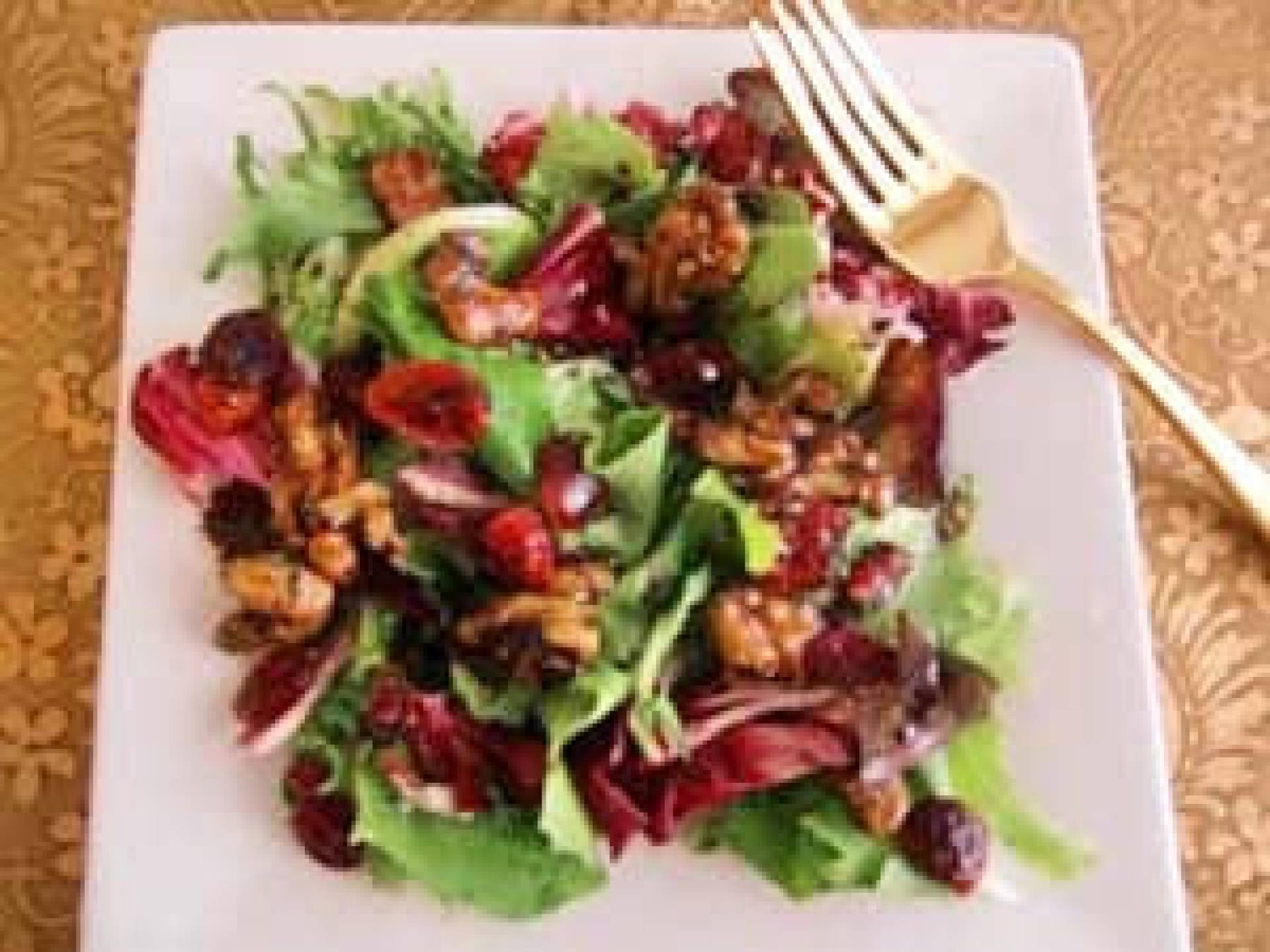 HEALTHY PORTION-Roasted Chicken Salad w/Organic Greens, Cucumber, Tomato, Sharp Cheddar, Honey Roasted Nuts & Dried Cranberries, Red Onions, Croutons & Ranch Vinaigrette.